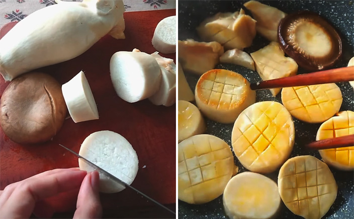 Làm sạch nấm và chiên qua với bơ