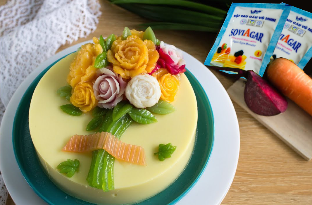 Thành phẩm món bánh sinh nhật rau câu 4D hoa nổi thơm ngon, hấp dẫn làm từ bột rau câu Vũ Minh SoviAgar