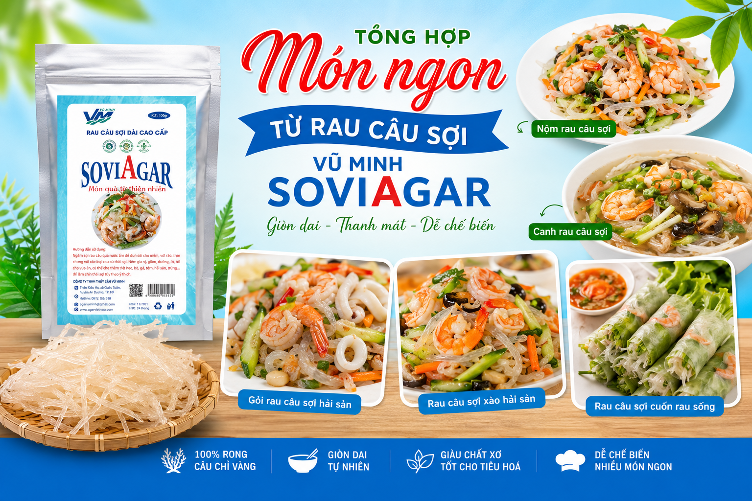 Tổng Hợp Món Ngon Từ Rau Câu Sợi Vũ Minh SoviAgar – Giòn Dai, Thanh Mát, Dễ Chế Biến