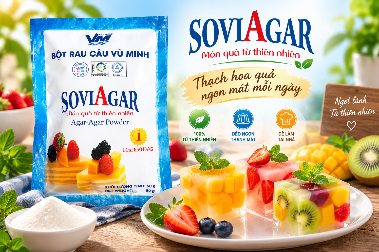 Bột Rau Câu SOVIAGAR 50g – Bí Quyết Làm Thạch Hoa Quả Ngon, Dai Giòn, Đẹp Mắt Tại Nhà